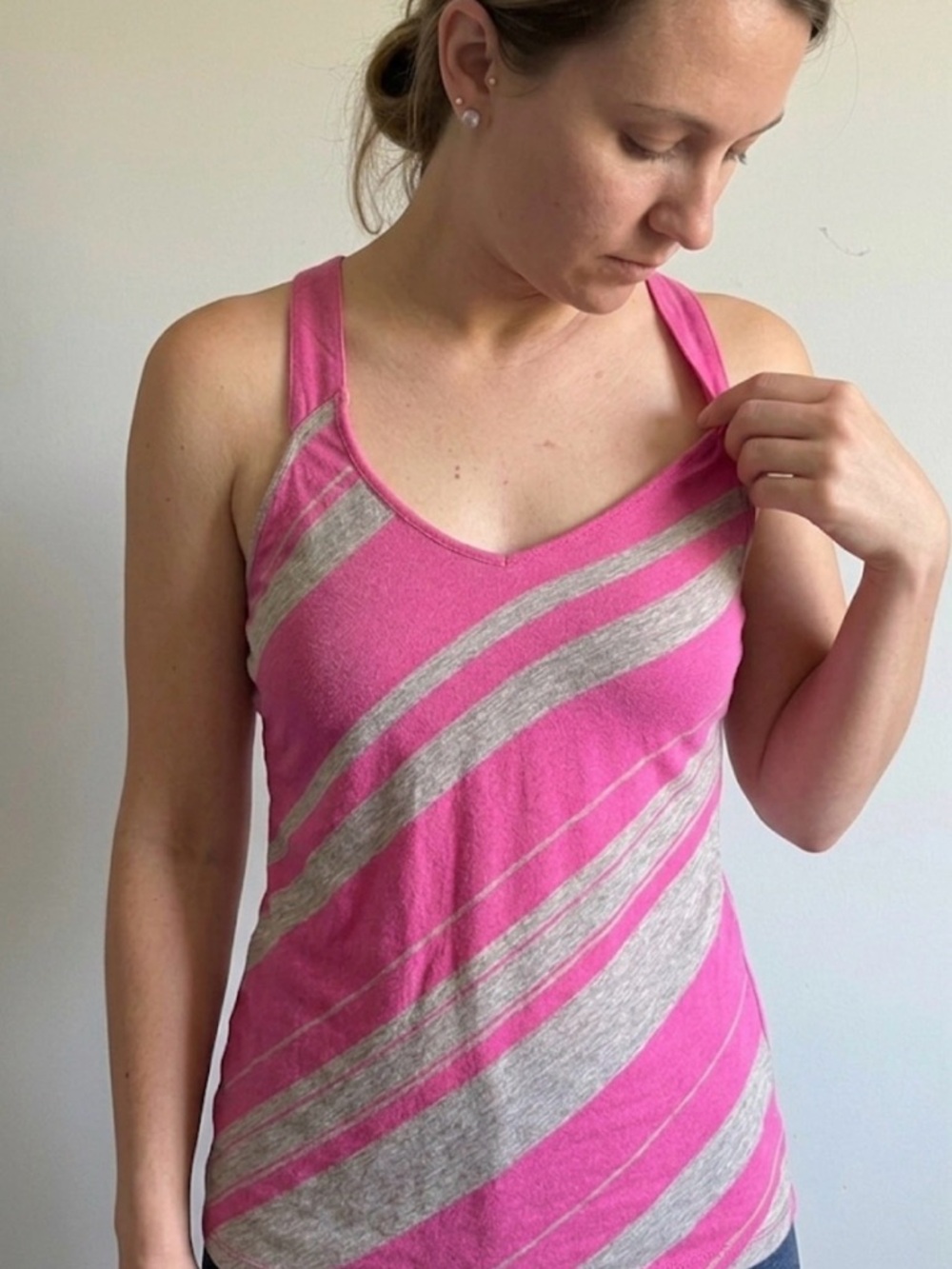 Charlotte Russe Pink & Heather Gray Diagonal Stripe Racerback Tank